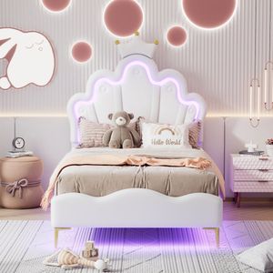 SINGULARITY Kinderbed-90*200 cm-Kroonvorm-Prinses-PU Leren Interieur-LED Sfeerverlichting-Wit-Geen Matras
