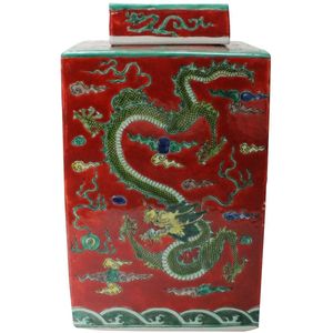 Fine Asianliving Chinese Gemberpot Rood Draak Handgeschilderd B18xD18xH30cm
