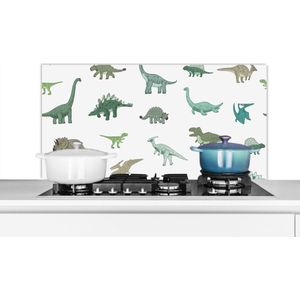 Spatscherm keuken 100x50 cm - Kookplaat achterwand Dinosaurus - Groen - Jongens - Bruin - Kind - Patronen - Muurbeschermer - Spatwand fornuis - Hoogwaardig aluminium