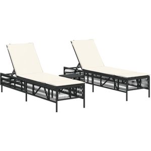 vidaXL Ligbed - Ligbedden - Tuinstoel - Tuinmeubel - Ligbedden 2 st met tafel poly rattan zwart