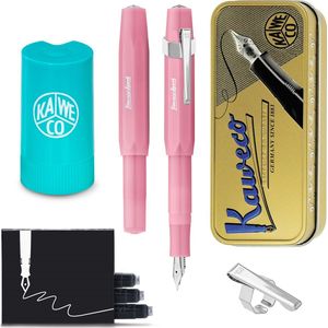 Kaweco - Cadeauset - (5delig) - Vulpen FROSTED SPORT BLUSH Fountain Pen - Breed - Vintage blikje - Oktogonal Clip Chrome - Patronen houder TURKOISE - Vullingen