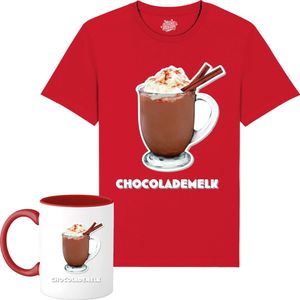 Chocolademelk - Foute kersttrui kerstcadeau - Dames / Heren / Unisex Kleding - Grappige Kerst en Oud en Nieuw Drank Outfit - T-Shirt met mok - Unisex - Rood - Maat XL