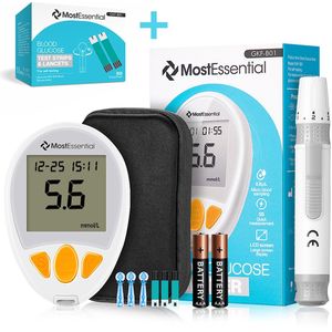 MostEssential Premium Glucosemeter Startpakket - Bloedsuikermeter - Bloedglucosemeter - Diabetes Meter - Alles in één set - Inclusief Opbergtas, Prikpen, 60 Teststrips & 60 Lancetten