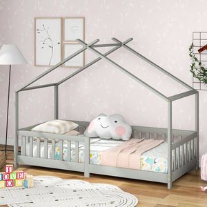 Sweiko Huis bed, Massief hout bed met hek en lattenbod, met valbeveiliging voor kinderen en jeugdkamers, Grijs (90x200cm)