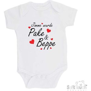 100% katoenen Romper ""Jimme wurde Pake & Beppe met hartjes"" zwangerschapsaankondiging Fries Unisex Katoen Wit/zwart/rood Maat 56/62
