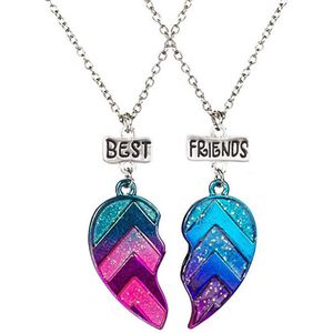 Bixorp Friends BFF Ketting voor 2 met Blauw & Roze Hartje Zilverkleurig - Vriendschapsketting - Twee Helften Best Friends -  Voor Meisjes  - Best Friends Ketting Vriendschap Cadeau voor Twee