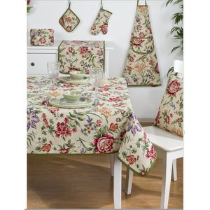 Tafelkleed  - luxe gobelinstof - Amara - Rode en Paarse bloemen op een creme achtergrond - Vierkant 100 x 100 cm