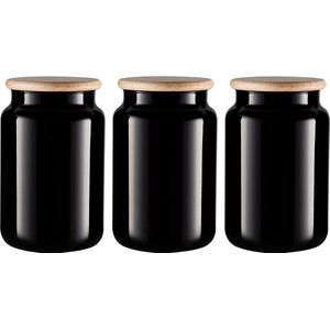Carissa voorraadpotten 900 ml 3-delige set van zwart glas met houten deksel bakjes voor badkamer voorraadpotten wattenstaafjes hoogte 15 cm diameter 10 cm