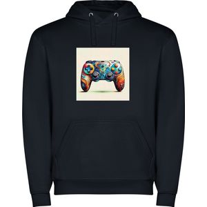Donker Blauwe unisex hoodie met “ Kleurrijke Game Controller“ Print Full merk Roly maat XL