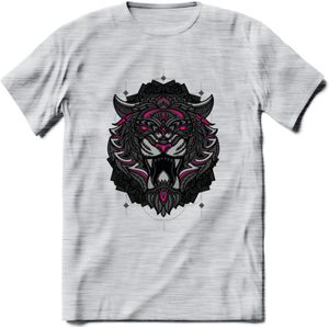 Tijger - Dieren Mandala T-Shirt | Roze | Grappig Verjaardag Zentangle Dierenkop Cadeau Shirt | Dames - Heren - Unisex | Wildlife Tshirt Kleding Kado | - Licht Grijs - Gemaleerd - 3XL