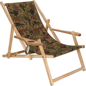 Springos - Ligbed - Strandstoel - Ligstoel - Verstelbaar - Armleuningen - Beukenhout - Geïmpregneerd - Handgemaakt - Legergroen