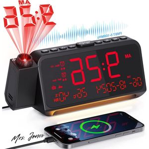 Mrs. Jones Digitale wekkerradio met projectie FM-radio en timer 320° projector - weekendmodus - dubbel alarm - temperatuur en luchtvochtigheid - luid alarm voor plafond muur .