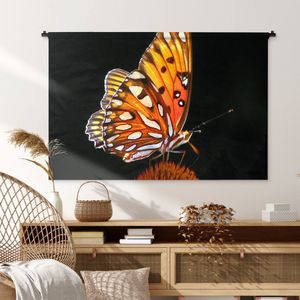 Wandkleed - Wanddoek - Vlinder - Bloemen - Insect - Portret - Zwart - Oranje - 120x80 cm - Wandtapijt