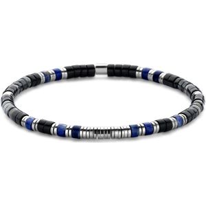Frank 1967 - FB-0759 - platte kralenarmband heren - zwarte agaat, labradoriet en staal - 4*2 mm