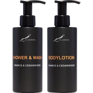 Douchepakket Sweet Orange & Cedarwood - Shower & Wash + Bodylotion - 300 ml per fles - bodycare - luxe fles - set van 2 stuks - Cadeau