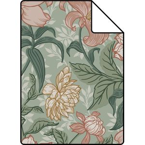 Proefstaal ESTAhome behang vintage bloemen groen en oudroze - 26,5 x 21 cm - 139378-S