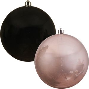Kerstversieringen set van 6x grote kunststof kerstballen zwart en lichtroze 14 cm glans - 3x per kleur