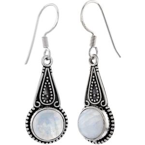 Zilveren oorbellen met hanger dames | Zilveren oorhangers, druppelvorm met geoxideerde details en maansteen