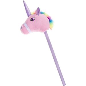 Pluche eenhoorn stokpaardje roze 80 cm - Speelgoed unicorn stokpaardjes met regenboog manen