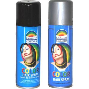 Goodmark haarverf/haarspray set van 2x flacons van 111 ml - Zwart en Zilver - Carnaval verkleed spullen - Haar kleuren