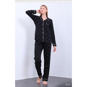 Katoen-Satijn Dames 2- Delige -Pyjama- Luxe Pyjamaset- Nachtkleding Zwart met Hartjes Maat L