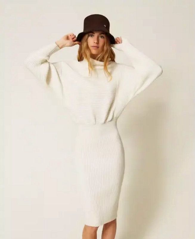 Twinset - Geribbelde Gebreide Midi Jurk - Off White - Dames