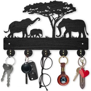 Elephant Tree Key Holder voor Wand - Houten Wildlife Sleutelhangers - 5 Metalen Haakjes - Decoratieve Sleutelhanger - Hoed Haken - Sleutelrek - 30×20cm - Woondecoratie Cadeau - Kledingrek - Wandhanger voor Wand