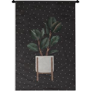 Wandkleed PlantenKerst illustraties - Illustratie van een plant met donkere ovalen bladeren op een zwarte achtergrond met stippen Wandkleed katoen 60x90 cm - Wandtapijt met foto