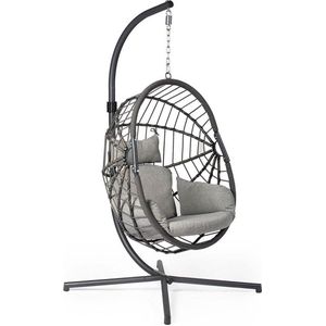 Egg Stockholm Hangstoel - Opvouwbaar - Hangstoel met standaard -Grijs Wicker - Zwart Frame - Grijs kussens - Egg Chair - Voor Buiten en Binnen