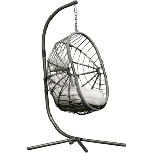Egg Stockholm Hangstoel - Opvouwbaar - Hangstoel met standaard -Grijs Wicker - Zwart Frame - Grijs kussens - Egg Chair - Voor Buiten en Binnen