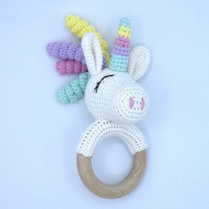 Eenhoorn rammelaar - Bijtring - Fopspeenkoord met clip - Unicorn - Katoen - Gehaakt - Hout - Knuffels voor baby & peuters - Baby & Peuter - Grijp- & bijtspeelgoed - Speenkoorden - Ontwikkeling voor baby - Baby cadeaus - Babyshower - Kraam cadeau