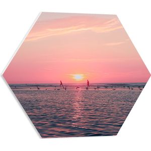 PVC Schuimplaat Hexagon - Roze Zonsondergang aan Zee met Meeuwen - 50x43.5 cm Foto op Hexagon (Met Ophangsysteem)
