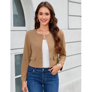 Blazer Dames Elegante 3/4 Mouw Bolero Korte Blazer Slim Fit Bolero Jasje met Knopen Kantoor Werk Khaki S