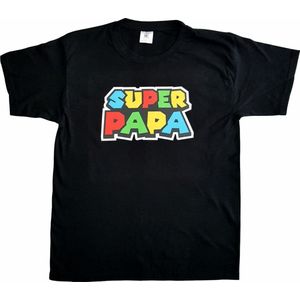 Zwart t-shirt met ""Super papa"" - maat M - vaderdag, cadeautje, grappig, geschenk, tekst, medium