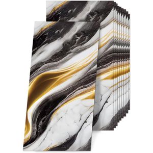 Allecto Plus - Zelfklevende tegelstickers voor keuken en badkamer, waterdicht en oliebestendig, 10 stuks, zwart wit goud, 60 x 30 cm