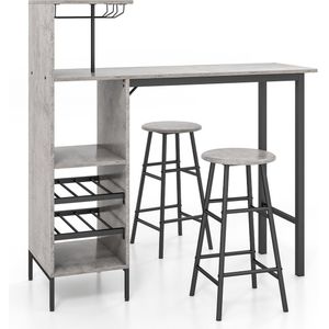 COSTWAY Bartafel met barkruk, set voor 2 personen, met houders voor wijnglazen en flessen, toog voor woonkamer, eetkamer en keuken (grijs)