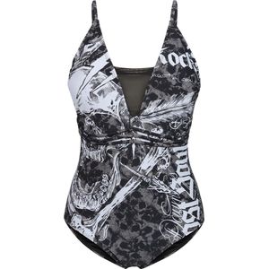 Rock Rebel by EMP olijfgroen zwempak met doodshoofdpatroon en decoratieve linten - Dames - S