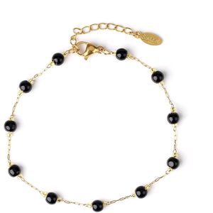 Kasey - Obsidiaan Armband - 19 cm + 2 cm verstelbaar - Goudkleurig - Edelsteen Armband - Natuursteen Kralen Armband - Armband Dames
