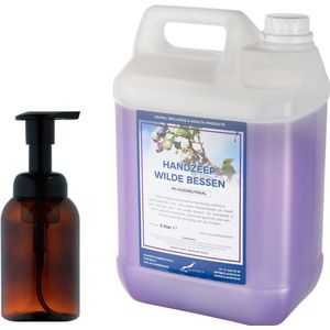 Zeepdispenser 300 ml amber bruin hervulbaar + 5 liter Handzeep Wilde Bessen navulling