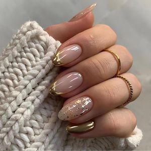 24 stuks gouden press-on nagels amandelvorm Franse tip kunstnagels met goudfolie glanzende acrylnagels volledige afdekking met lijm.