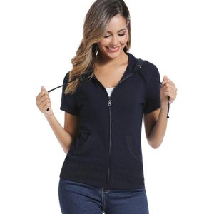 Dames Korte Mouw Hoodie Zipper Jacket Sweatshirt met Zakken