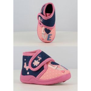 Meisjes baby / peuter / kleuter love pantoffels – Marine en roze met vlinders en bloemetjes en 'love'– sterke antislip – maat 26
