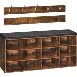 Schoenopbergbank met kussen, entree, 100 cm hal boom, kapstok, 12 cubbies, geschikt voor maximaal 350 kg, schoenenrek, opbergkast voor slaapkamer, hal, rustiek bruin