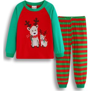 EazyPeezy Pyjama Kinderen - Kerstmotief - Rendieren - Rood Groen gestreepte broek - 6 Jaar
