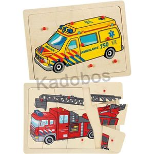 Houten noppenpuzzel 2x - Brandweer en Ambulance - 9 pcs per puzzel