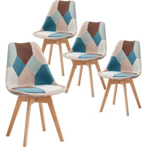 KTN® - Eetkamerstoelen set van 4 - Rugleuning - Fauteuil - Woonkamerstoelen - Kuipstoelen - Fluwelen Stof - Gewatteerde zitting - Houten poten - Patchwork Patroon - Blauw