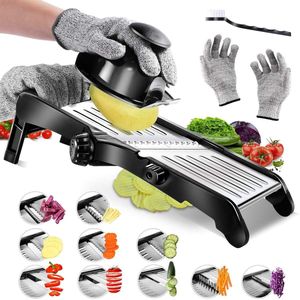 Groentesnijder Multifunctioneel - Met een ​​borstel en handschoenen mee - Keukensnijder - Groentesnijder - Uiensnijder - Frietsnijder - Rasp - zwart - 41*16*12cm - Roestvrij staal en kunststof