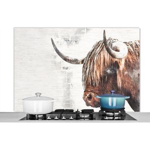 Spatscherm keuken 120x80 cm - Kookplaat achterwand Schotse Hooglander - Abstract - Krantenpapier - Muurbeschermer - Spatwand fornuis - Hoogwaardig aluminium
