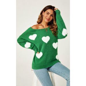 Ontspannen comfortabele witte trui met hartjespatroon in groen