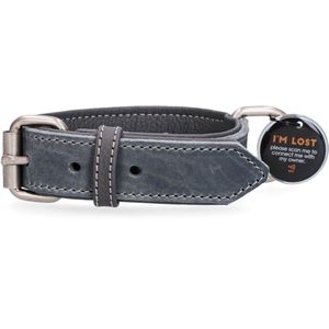 Spotted! PRO Leren Halsband – Honden halsband met QR-penning – Halsband met magneetsluiting – Waterproof – Maat L – 55 cm – Grijs